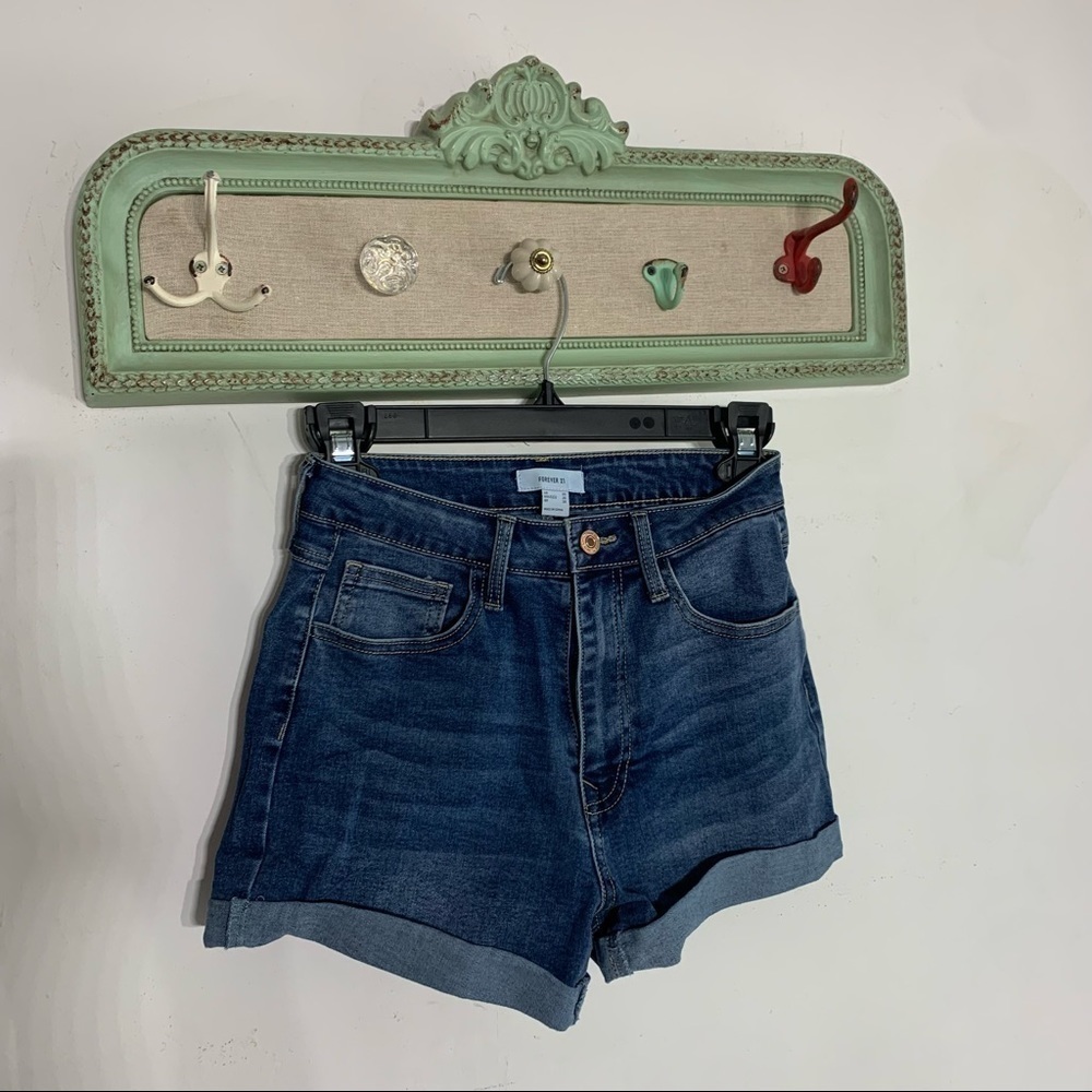 High rise blue denim shorts cuffed